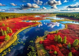 Aerial Drone Shot: Abundant Red Cranberries in a Bog