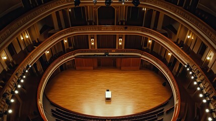 Overhead shot of an elegant concert hall with rich wood accents and soft lighting, offering ample space for text or branding.