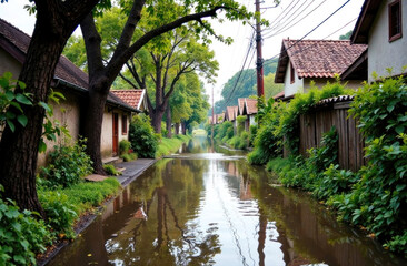 Obraz premium A tranquil village street is submerged in flood water, with cottages and trees lining the banks at dawn
