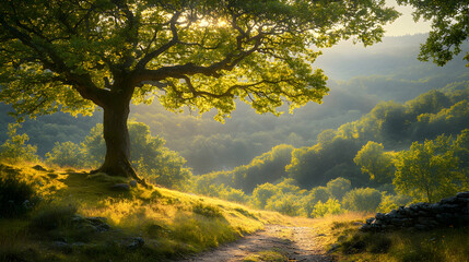 Majestic Oak Tree Overlooking Sunlit Valley, forest, woods, woodland, landscape, nature