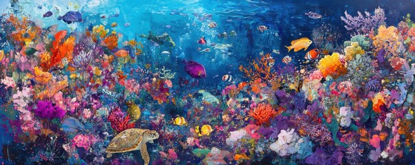 Fototapeta premium A vibrant coral reef teeming with colorful fish and graceful sea turtles, creating a mesmerizing underwater spectacle.