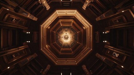 Obraz premium Overhead shot of a traditional concert hall with intricate wood details and soft light beams, offering space for branding or text.