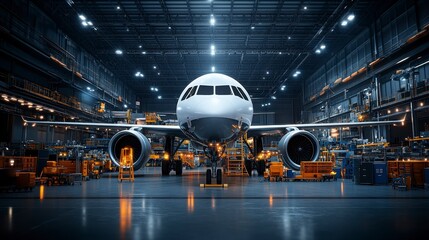 Modern airplane in spacious hangar with bright lights, showcasing maintenance and preparation work
