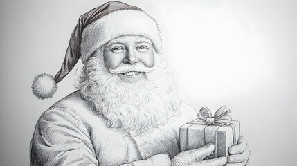 Jolly Santa Claus with Gift - Pen and Ink Drawing, Christmas, illustration, black and white, monochrome, present