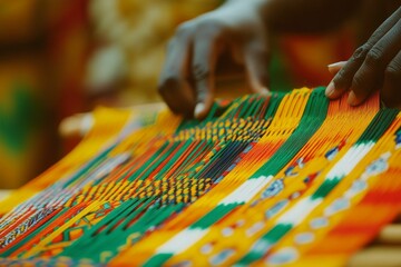 Fototapeta premium Hands weave vibrant, patterned cloth.
