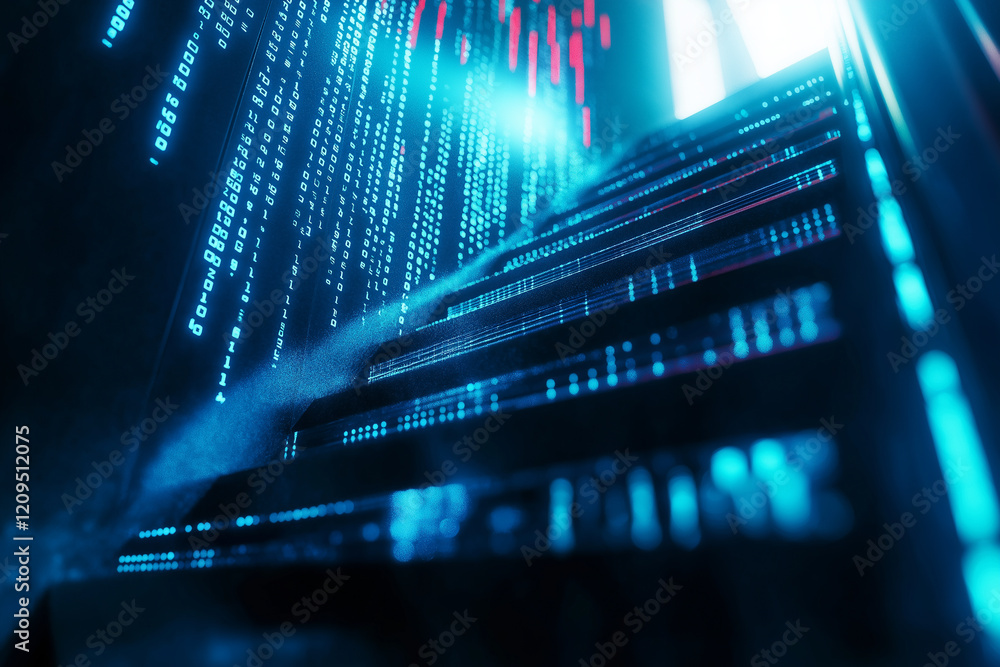Poster Blue digital binary data on computer screen background