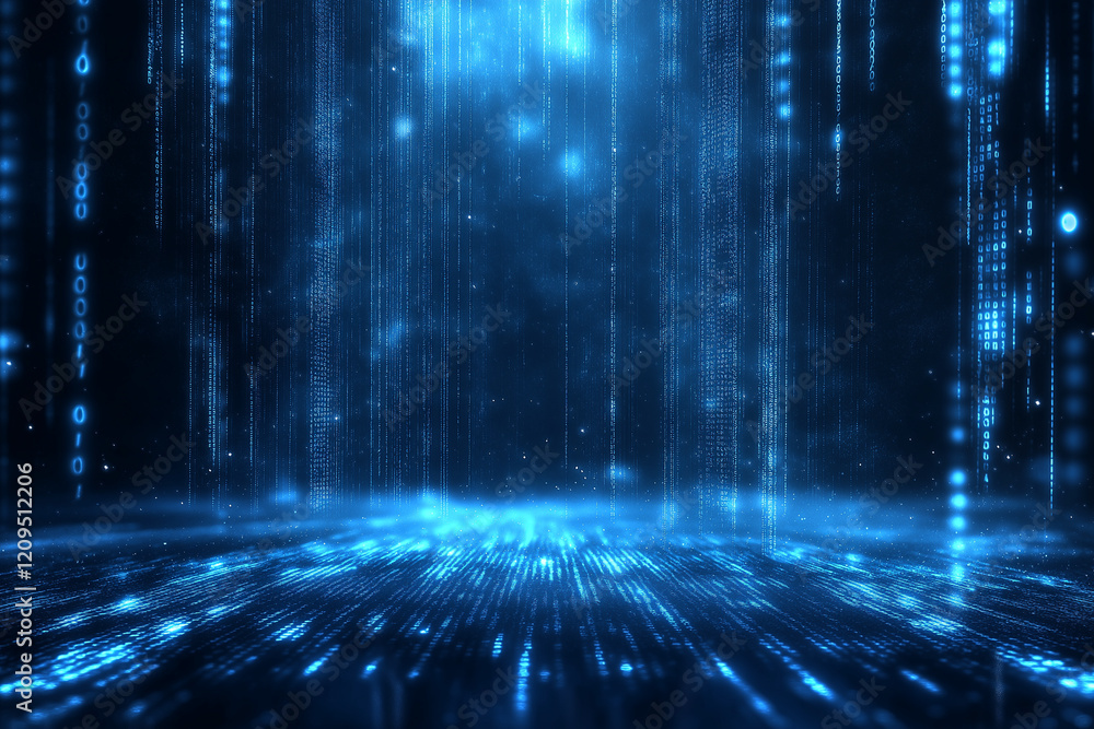 Poster Blue digital binary data on computer screen background