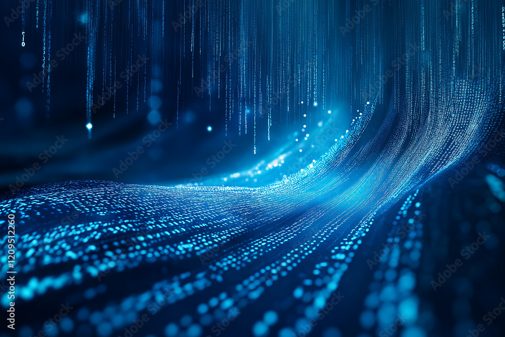 Poster Blue digital binary data on computer screen background