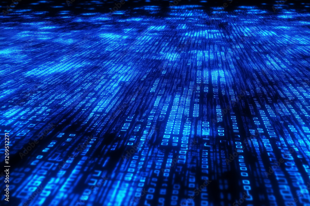 Poster Blue digital binary data on computer screen background
