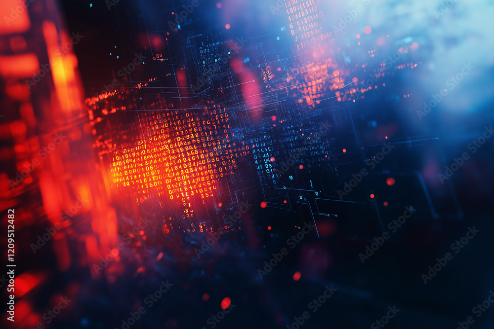 Poster Blue digital binary data on computer screen background