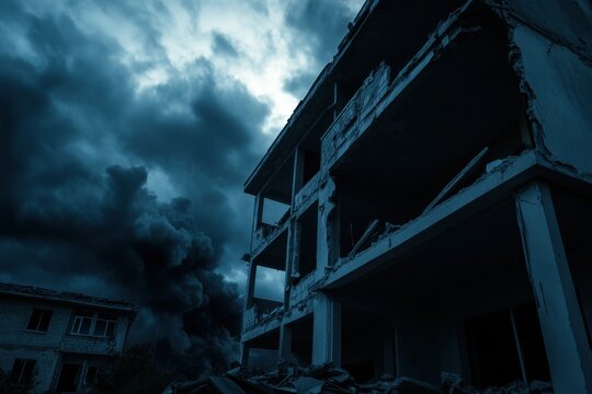 Dark and moody scene depicting ruins with dense storm clouds overhead, creating suspense