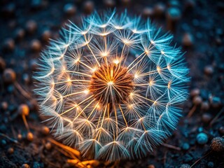 Obraz premium Night Dandelion Seed Head Macro - Top View Closeup Nature Photography
