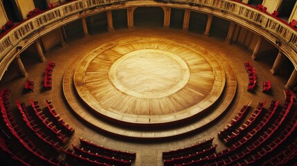 Top-down view of an orchestra hall with empty seats and a stage ready for performance, offering ample copy space.