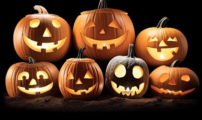 Lit Jack-o'-lanterns on dark background.