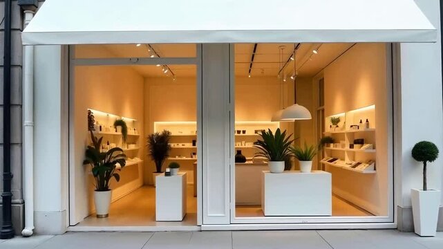 Modern storefront with large glass windows, white display tables, and potted plants