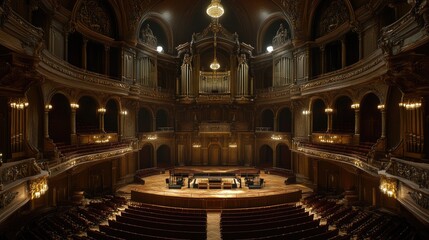 Fototapeta premium Top-down view of a classical concert hall with beautiful chandeliers and detailed wood, leaving ample room for branding.