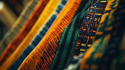 Woven fabrics display vibrant colorful geometric patterns.