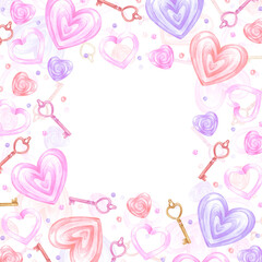 Hand drawn watercolor St. Valentine frame border. Illustration of hearts and keys isolated on white background. Can be used for postcard, label, scrapbook and other printed products.