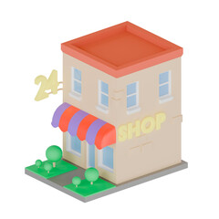 Store building 24, 3D style. Ordering, logistics and delivery of goods from your warehouse. Store location. Business profits, trade. Render illustration.
