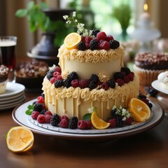 Extravagant cake adorned with fresh berries and citrus slices, showcasing culinary artistry and festive spirit during a celebration gathering. Generative AI