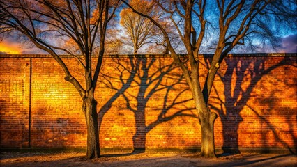 Fototapeta premium Silhouette of Trees Against Weathered Brick Wall at Sunset - Stock Photo