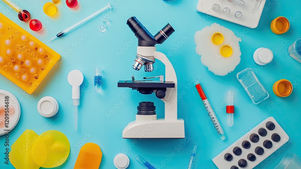Poster top-down view of a microscope with a biological sample slide and lab tools, creating room for logo o