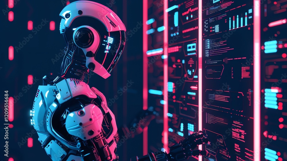 Poster a futuristic robot in a dark room with bright screens displaying data.
