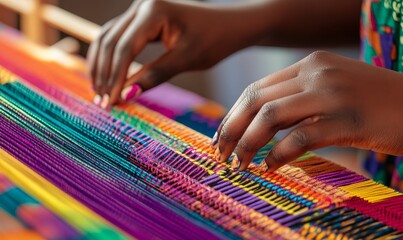 Hands weaving vibrant, multicolored textile on loom.