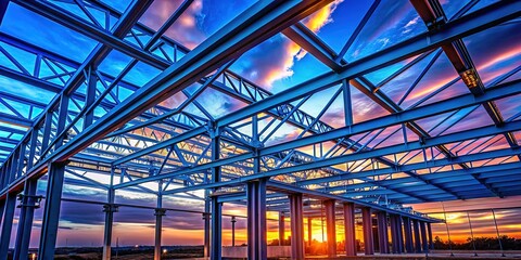 Steel Roof Frame Construction Against Blue Sky - Night Photography Stock Photo