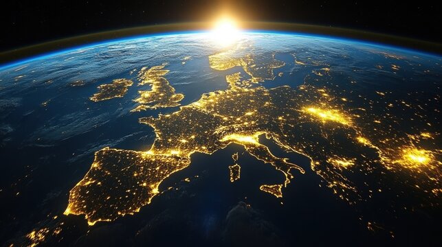 A stunning view from space showcases a vibrant sunrise over Europe, illuminating the continent with city lights scattered across the landscape, highlighting urban areas and geography. Generative AI