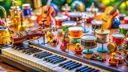 Tiny colorful musical instruments playfully adorn a miniature keyboard in a fantastical tilt-shift scene.