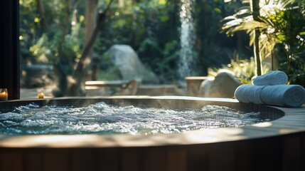 Relaxing hot tub in a serene and natural retreat setting.
