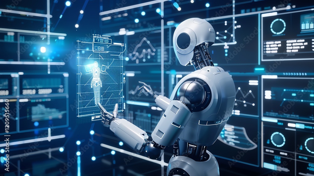 Poster a robot interacts with a holographic display of a person's data.