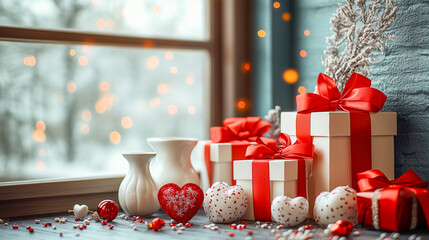 Holiday decorations and gifts arranged on a windowsill with snowflakes and warm lights in the background