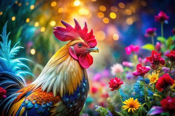 Fototapeta premium Vibrant Rooster Double Exposure: Majestic Backyard King