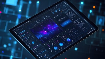 Obraz premium A top-down view of a tablet showing AI video generation tools, with visual processing of video content, and clean workspace surrounding it for text.