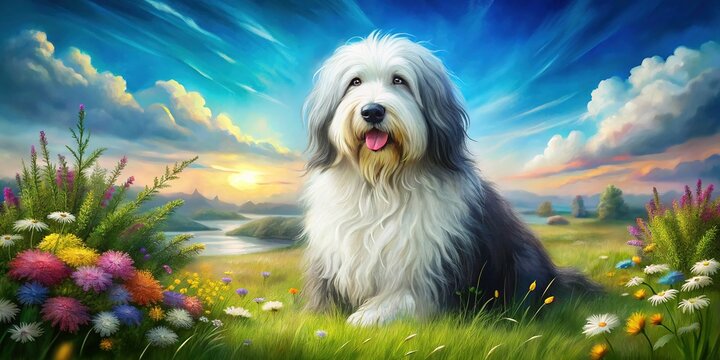 Watercolor Painting of Bobtail Old English Sheepdog in a Lush Green Landscape