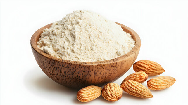 Almond Flour in Wooden Bowl with Almonds, almond meal, blanched almond flour, almond powder, bowl of flour, nuts