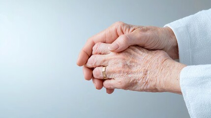 Fototapeta premium Elderly woman's hands clasped; gentle care; grey background; medical or aging concept