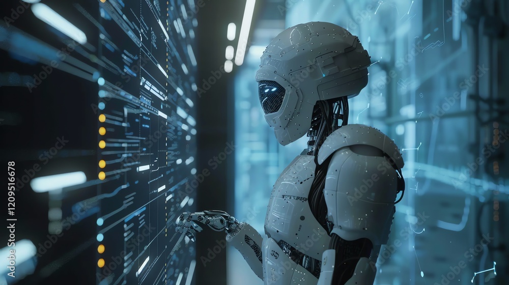 Poster a futuristic robot is interacting with a digital screen displaying data.