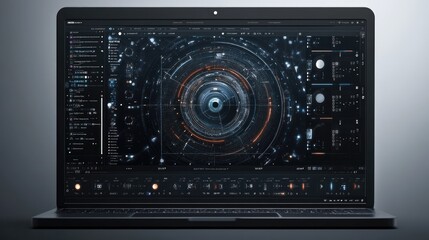 Fototapeta premium Top view of a laptop screen displaying AI video generation software, with a timeline and digital footage preview, leaving clean space on the sides for text.