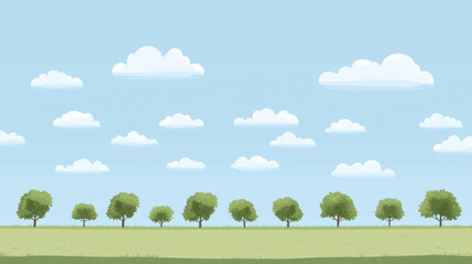 Row of trees under cloudy sky in serene landscape