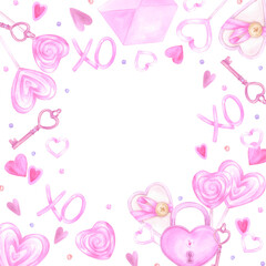 Hand drawn watercolor St. Valentine frame border. Illustration of hearts and keys isolated on white background. Can be used for postcard, label, scrapbook and other printed products.
