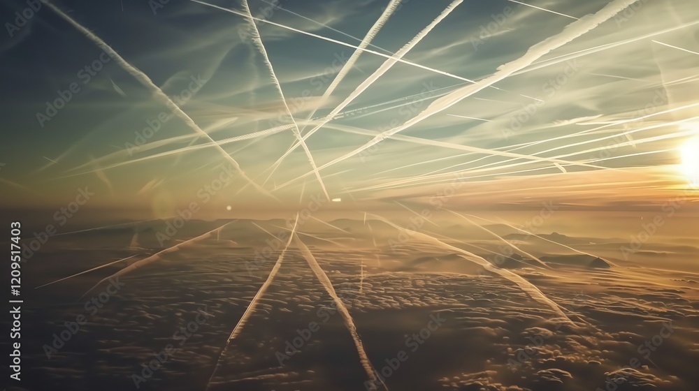 Poster a view from an airplane of a sunset above a layer of clouds.