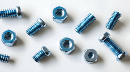 Blue Metal Bolts and Nuts on White Background, screw, hardware, nuts and bolts, fasteners, fixing