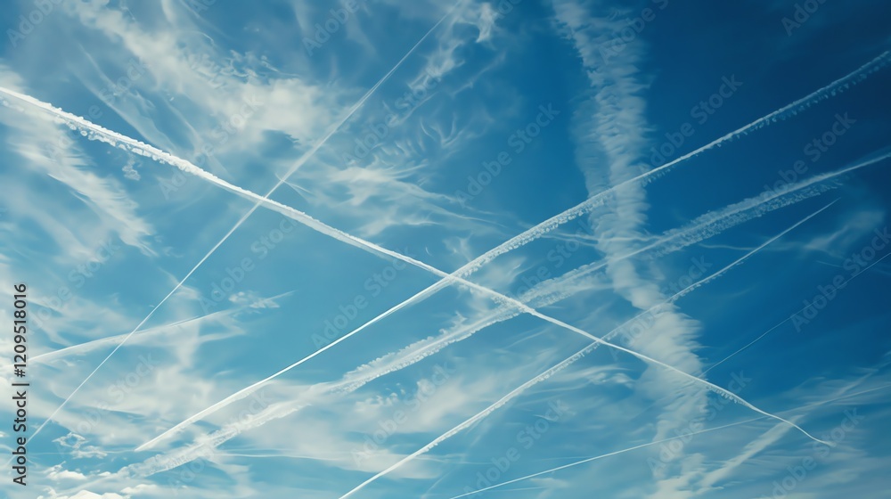 Poster a blue sky with multiple contrails crisscrossing each other.