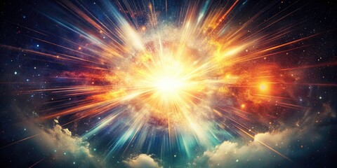 Vintage photo: a light explosion births the universe, swirling nebulae in a retro cosmic scene.