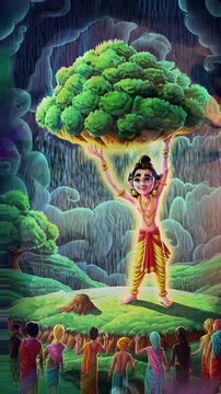 Krishna, an incarnation of Vishnu, lifts the Govardhan Hill with his left hand, providing shelter to the villagers and their cattle from the wrath of Indra, the king of gods