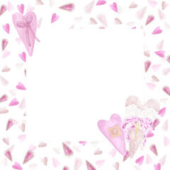 Hand drawn watercolor St. Valentine frame border. Illustration of hearts isolated on white background. Can be used for postcard, label, scrapbook and other printed products.