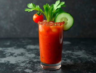 Obraz premium Bloody Mary cocktail garnished with cherry tomato and cucumber on black and gray background